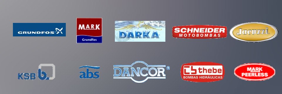 Logotipos das marcas comercializadas e atendidas: Grundfos, Mark, Darka, Schneider, Jacuzzi, KSB, ABS, Dancor, Thebe e Mark Peerless